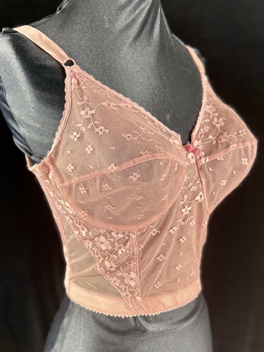 Vintage Lady Marlene Pink Longline Bra 36D Lace Stays Bustier Corset Back Hooks